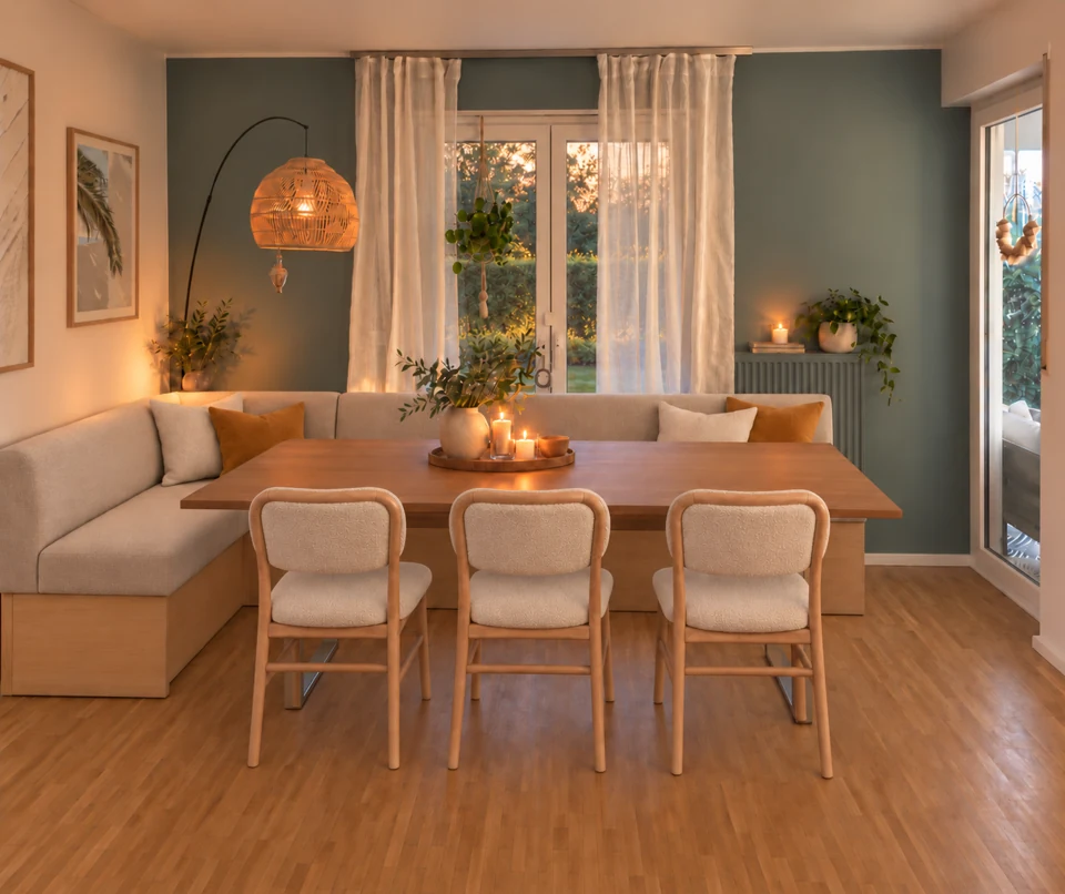 AI-assisted visualisation of the dining area with an upholstered corner bench and light-coloured chairs